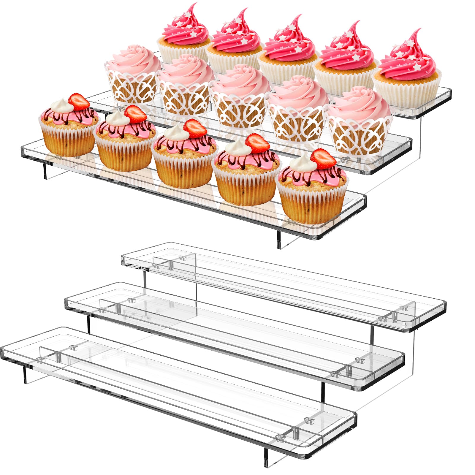 2 Pack 3-stufige Acrylständer für Displays, 12 Inch Clear Display Stand Risers Regal für Cupcakes Parfums Figurines, Tisch-Cupcake-Ständer zum Dekorieren und Organisieren (11,8 "x 9,4 "x 3")