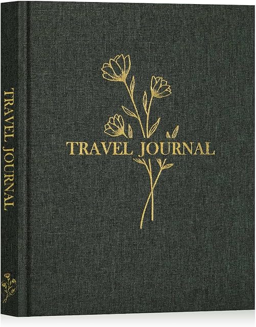 Lanpn Travel Photo Journal Notebook for Women Men, Linen Travel Log Diary Scrapbook Memory Book with Prompts, Anniversary Journals Traveling Gifts (Green, 110 Pages)
