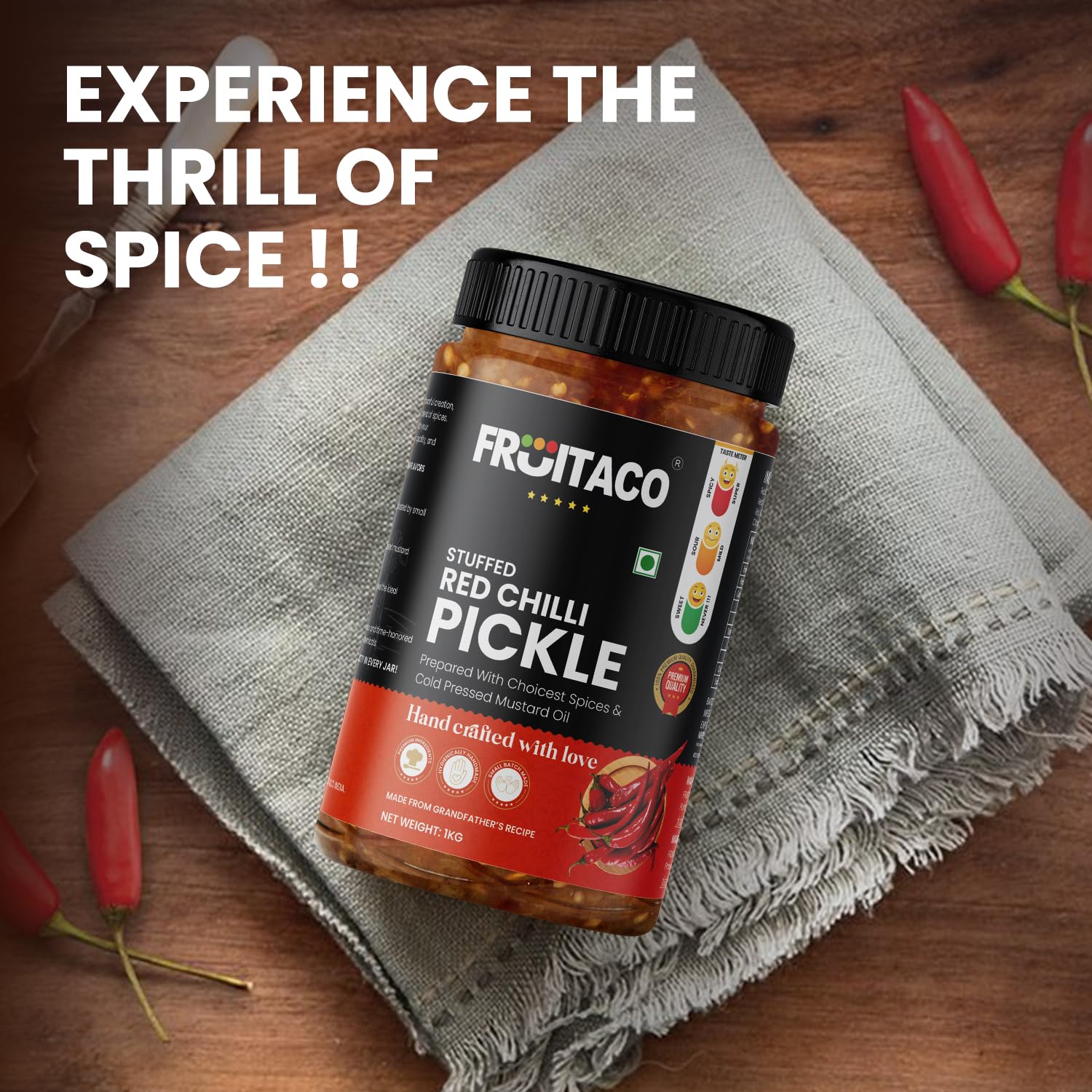 Fruitaco Stuffed Red Chilli Pickle – Authentic Indian Pickle with Tangy and Spicy Flavor | Perfect Side for Meal (1 Kg, Stuffed Red Chilli Pickle) - Image 4 thumbnail