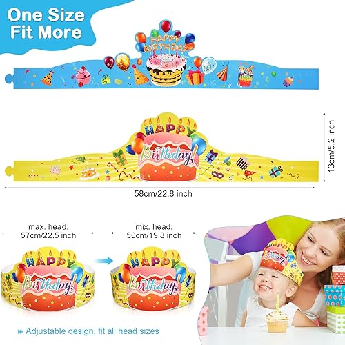 Miniatura 9 de Zonon 36 coronas de cumpleaños para niños, ajustables, coloridos, sombreros de feliz cumpleaños para fiestas escolares