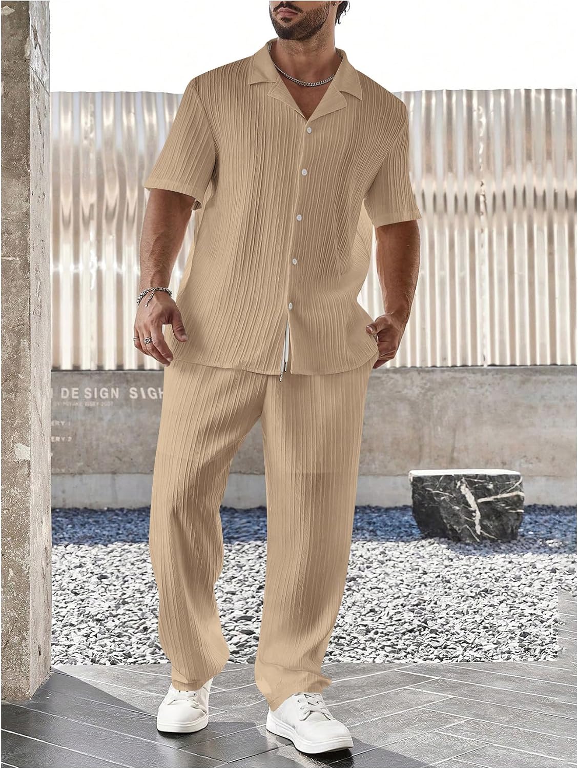 SOLY HUX Men's Plus Size 2 Piece Outfits Summer Short Sleeve Button Down Shirt and Pants Set