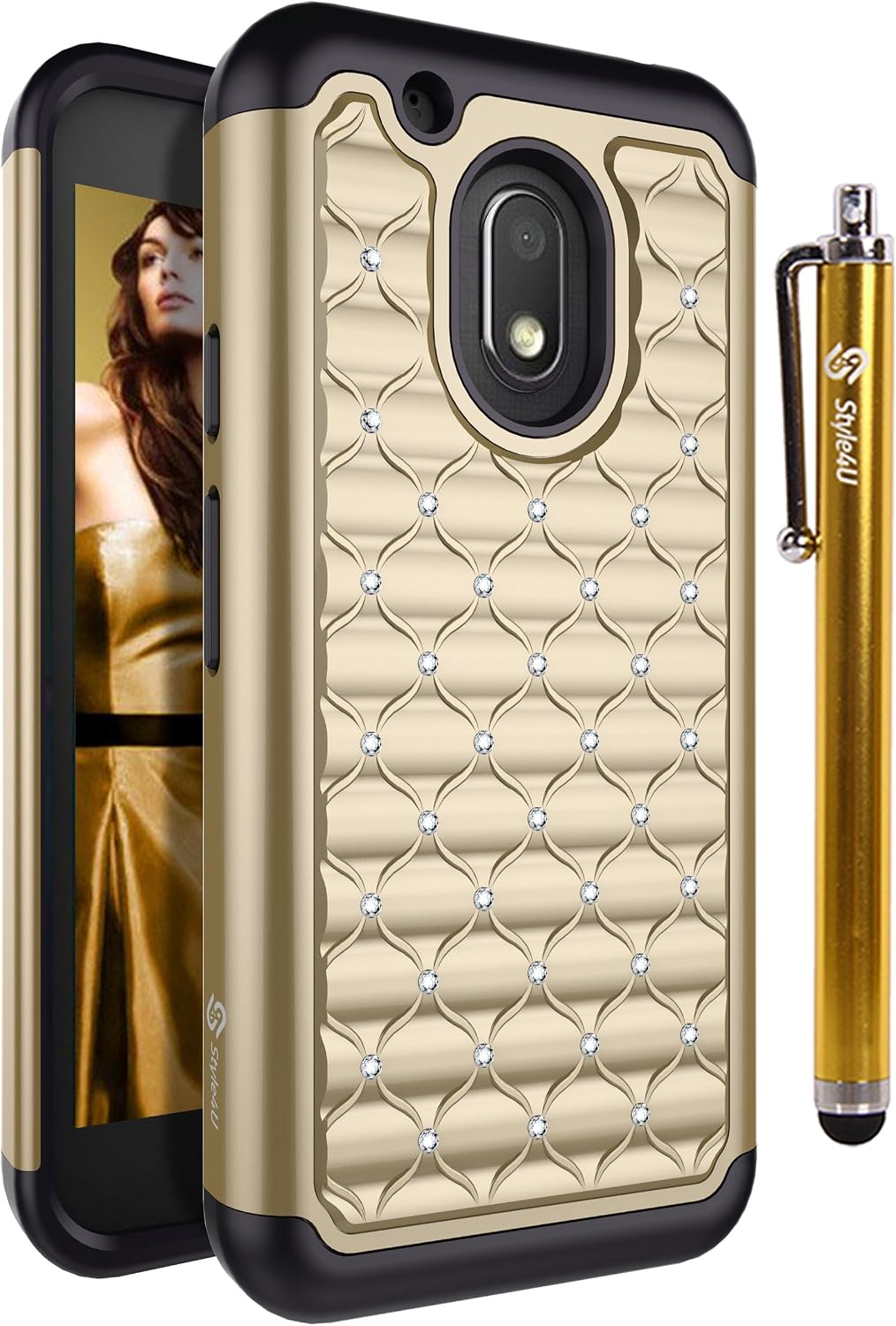 Style4U Moto G4 Play Case, Moto G Play Case, [Shockproof] Studded Rhinestone Crystal Bling Hybrid Armor Case for Motorola Moto G4 Play/Moto G Play XT1607 / XT1609 with 1 Stylus [Gold/Black]