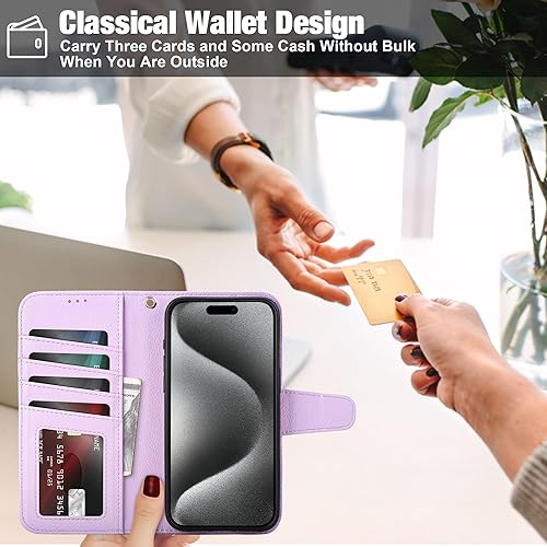 Miniatura 34 de Arae Compatible with iPhone 15 Case with Card Holder and Wrist Strap Wallet Flip Cover for iPhone 15 6.1 inch,Wine Red