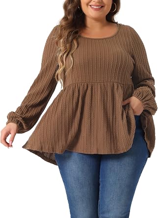 Agnes Orinda Plus Size Blouses for Women Scoop Neck Long Sleeve Ruffle Hem Peplum Knit Top