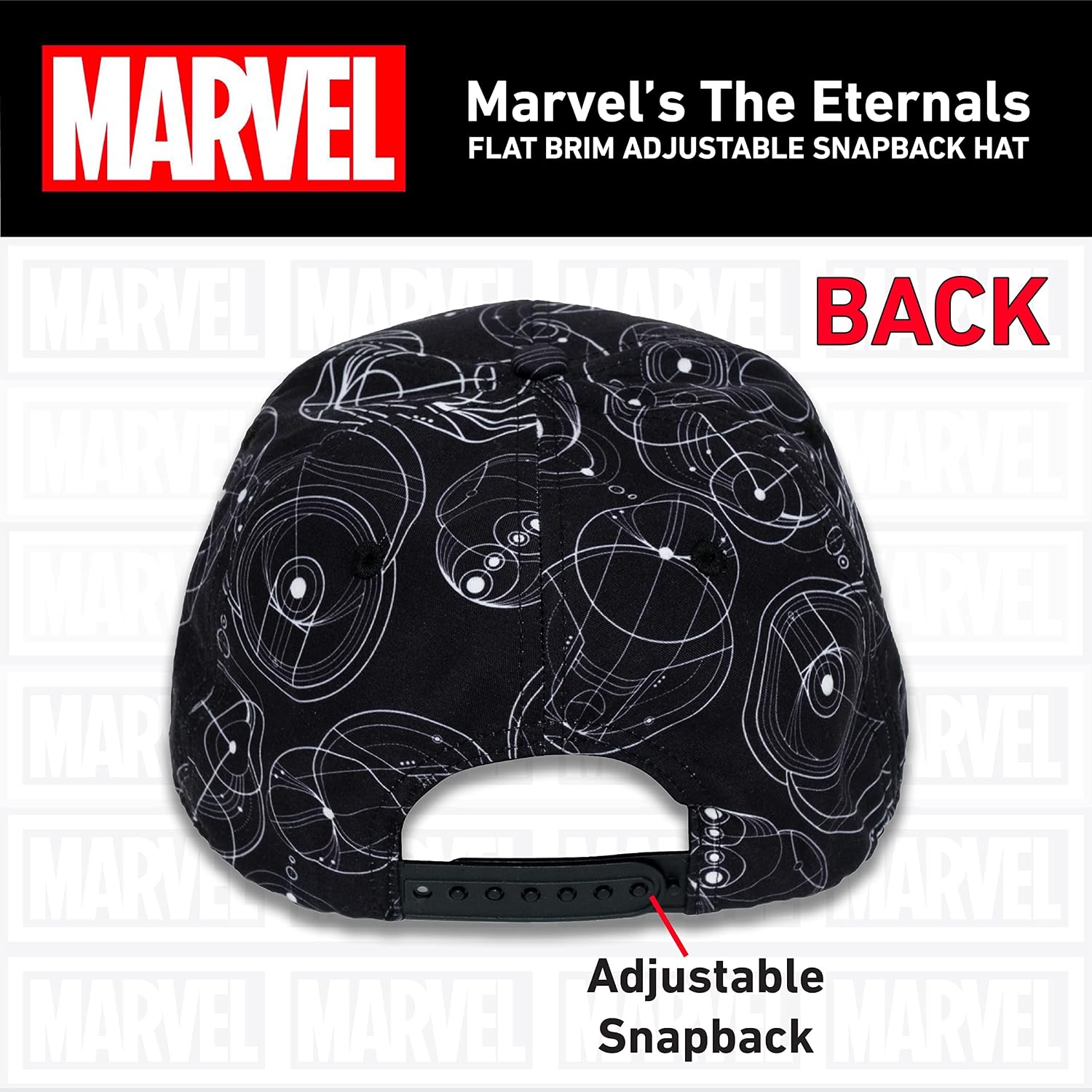 Marvel The Eternals Baseball Hat, Flat Brim Adult Adjustable Snapback Ball Cap, Black, One Size