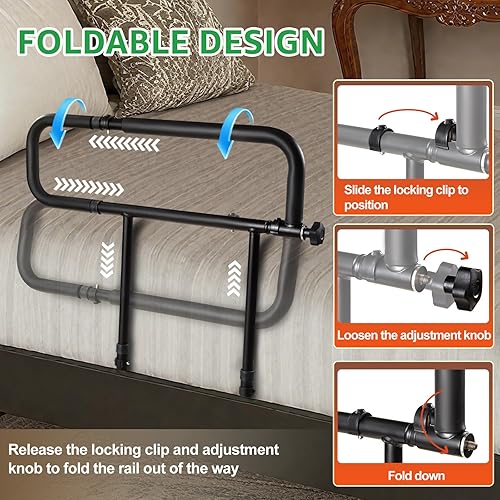 Miniatura 2 de Riel de cama plegable para adultos, barra de agarre de seguridad ajustable con mango de espuma suave, instalación sin perforación, marco de acero al
