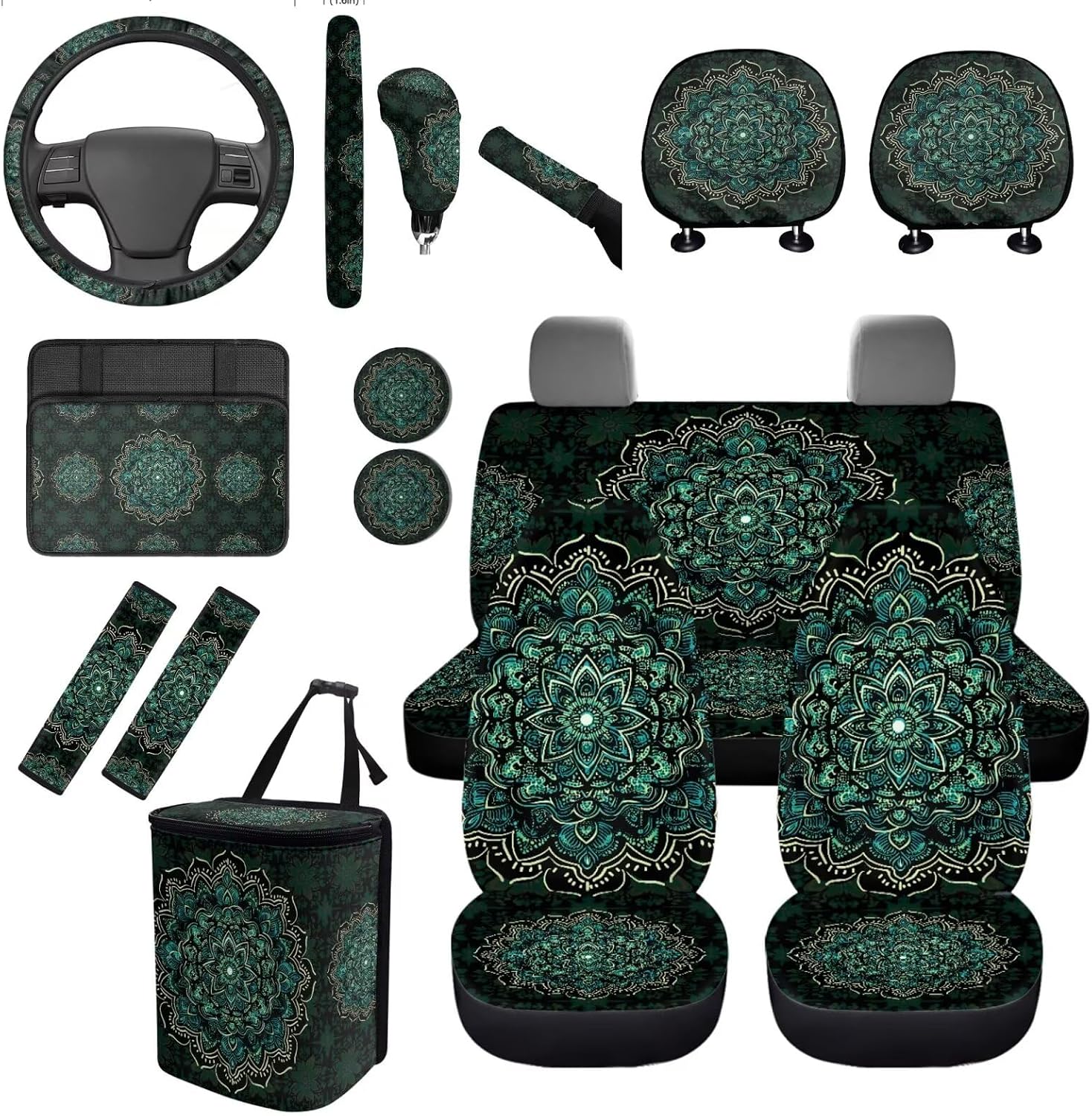 Green Mandala Car Seat Covers with Steering Wheel Cover, Boho Seat Belt Covers Cup Holder Gear Shift & Handbrake Cover with Cars Garbage Bag, Mandala Automotive Protector Set, 15 Pcs