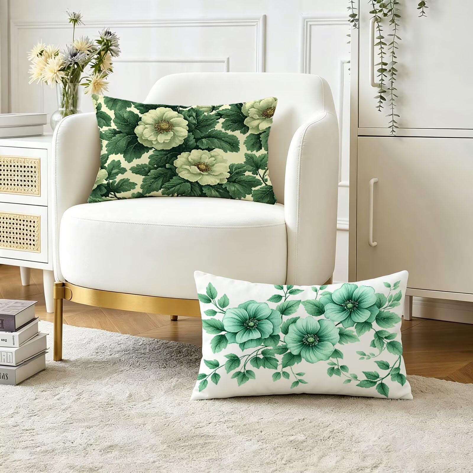 Coussin exterieur impermeable anti tache vert fleur 50x80 lot de 2