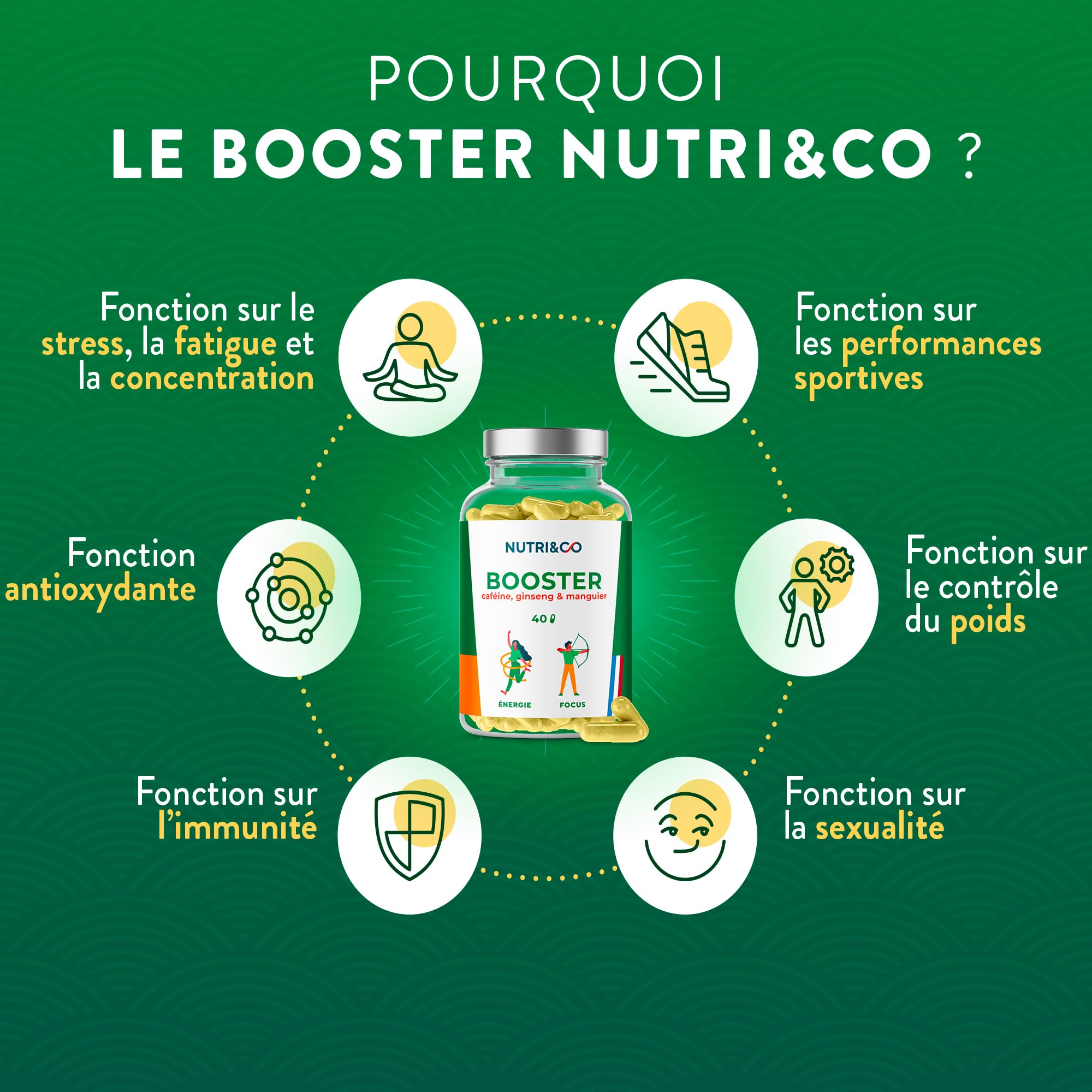 NUTRI & CO Le Booster - Anti Fatigue Puissant - Caféine Caffshock® 400 mg (Café Vert + Guarana + Thé Vert + Maté) & Panax Ginseng Blanc - Énergie & Concentration - 40 gélules Vegan - Made in France