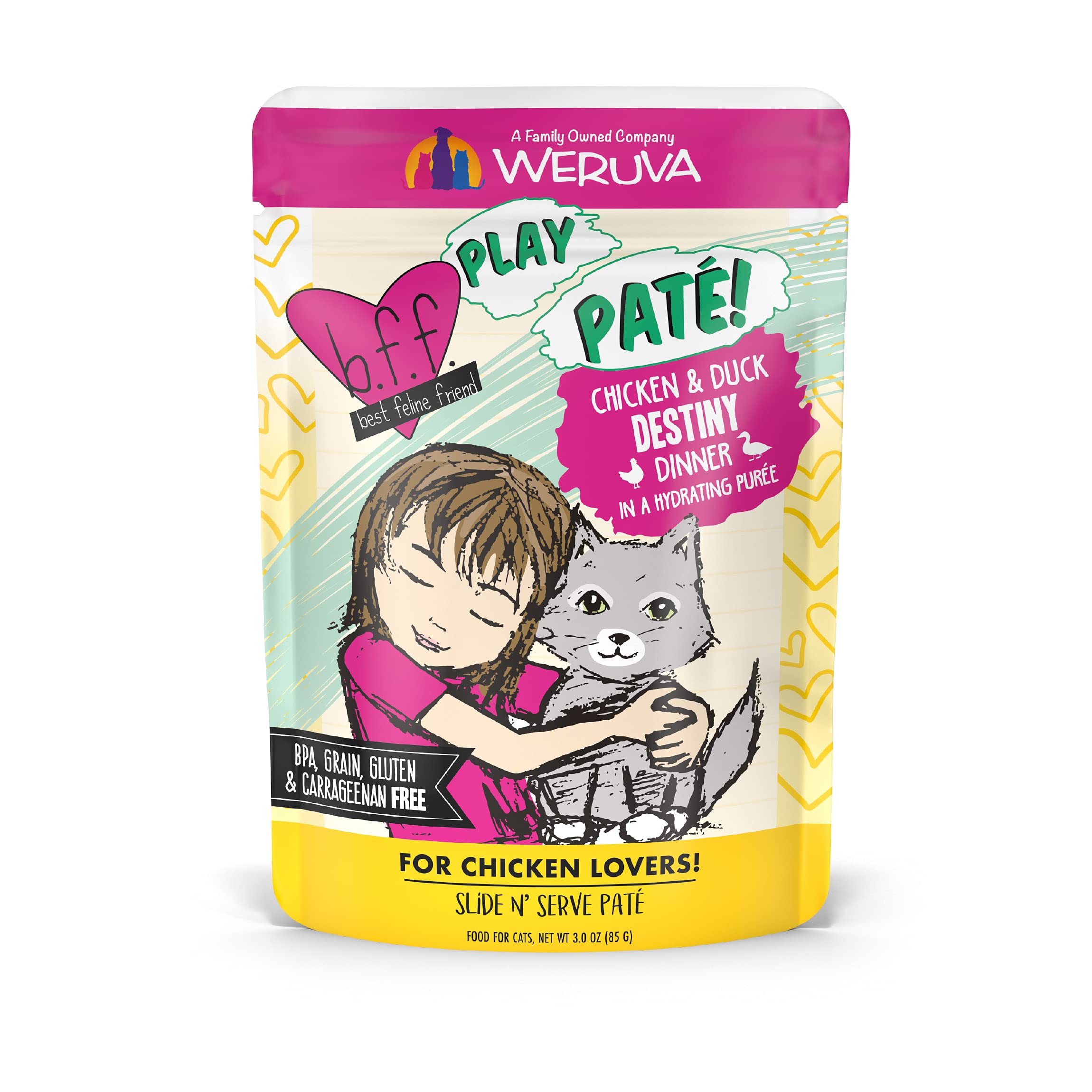 B.F.F. PLAY - Best Feline Friend Paté Lovers, Aw Yeah!, Chicken & Duck Destiny with Chicken & Lamb, 3oz Pouch (Pack of 12)