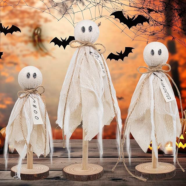 Wooden Ghost Halloween Decorations Indoor– Set of 3 Sizes Rustic Shelf Sitters with Fabric Ghost Figures – Halloween Table Decor for Tiered Tray, Mantel, Halloween Party Supplies（White）