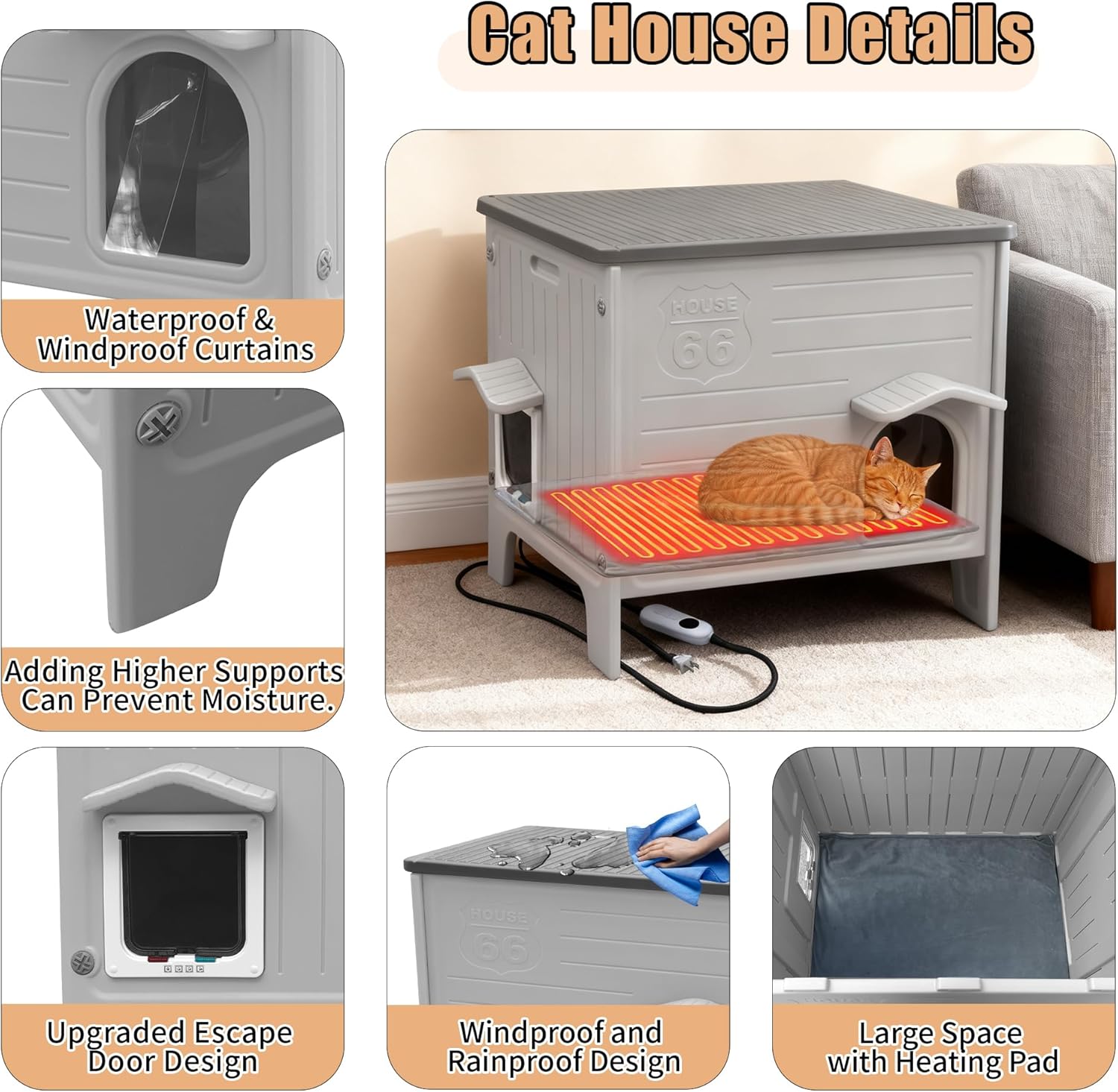 Heated Cat House Outside for Winter，Plastic Cat House Waterproof for Outdoor, Feral Cat Shelter with Escape Door, Easy to Assemble Easy to Clean