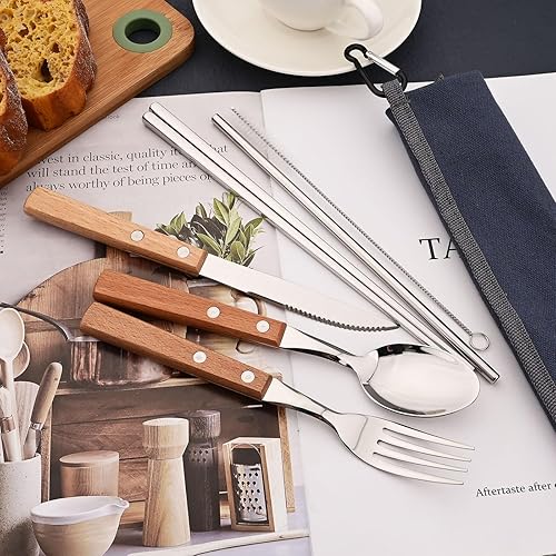 Miniatura 5 de JASHII Juego de cubiertos reutilizables de viaje, juego de cubiertos de acero inoxidable 304 con mango de madera, palillos y pajitas con diseño