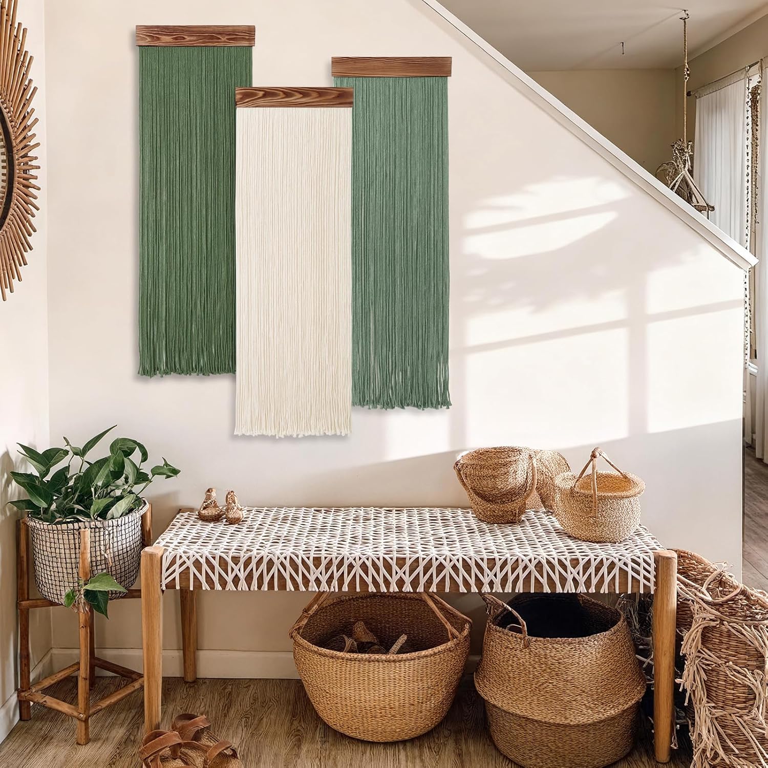 KHOYIME Macrame Wall Hanging Boho Chic Home Decor, 3PCS Bohemian Green Beige Tassel Yarn Tapestry Modern Handmade Large Wall Art Decorations for Living Room Bedroom Nursery Backdrop 11.8''W x 36''L