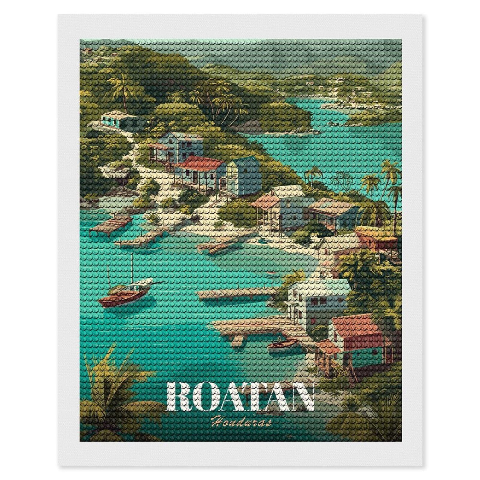 Junmoney Roatan Honduras Tropical Island Illustration Diamond Painting Canvas Set 16"x20", Full Kit Included, Calming Craft to Unwind, Farmhouse Decor, Christmas Gift