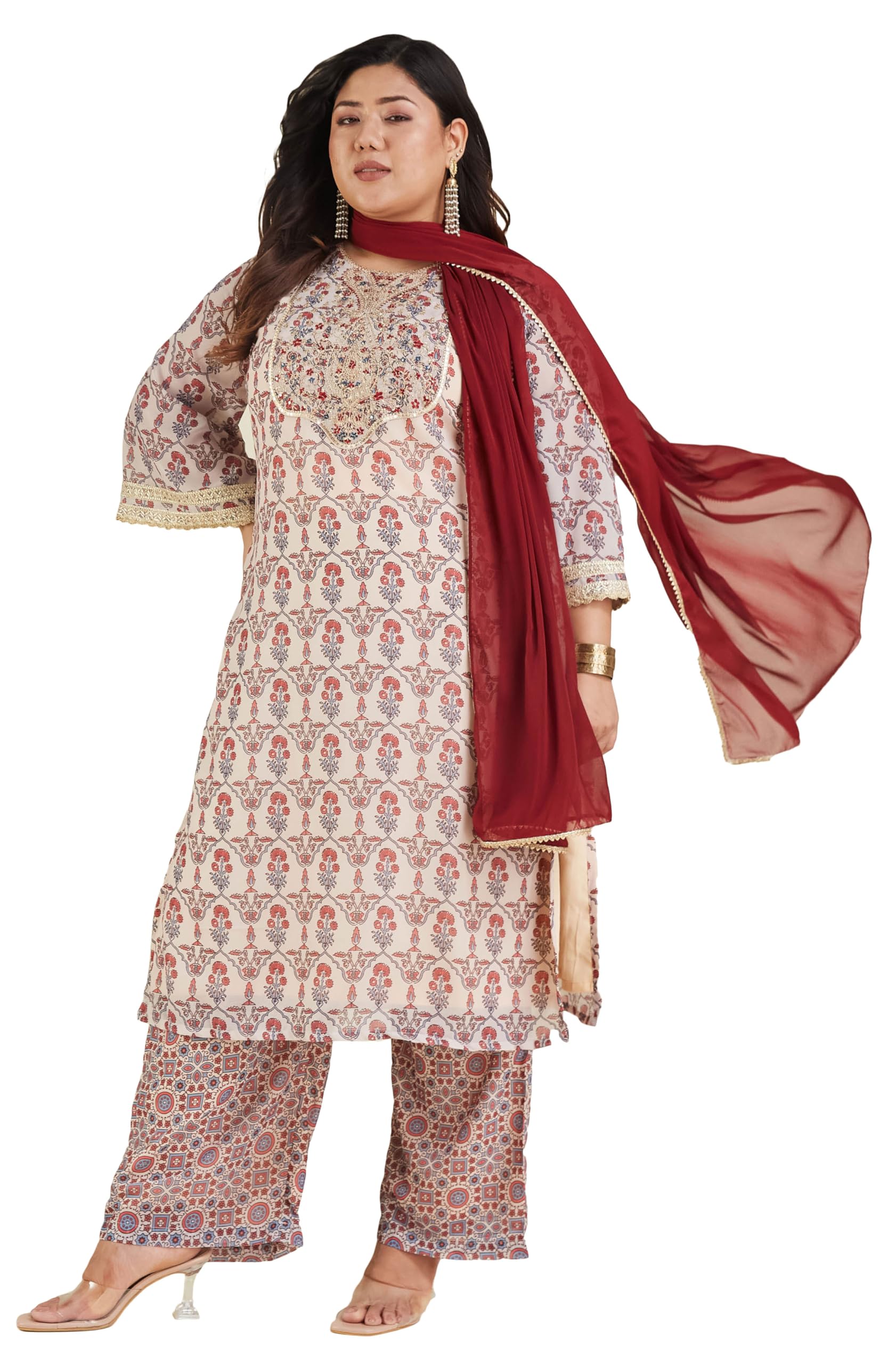 janasya Women's Plus Size Georgette Embroidered Ajrakh Printed Straight Kurta Set-picture-25
