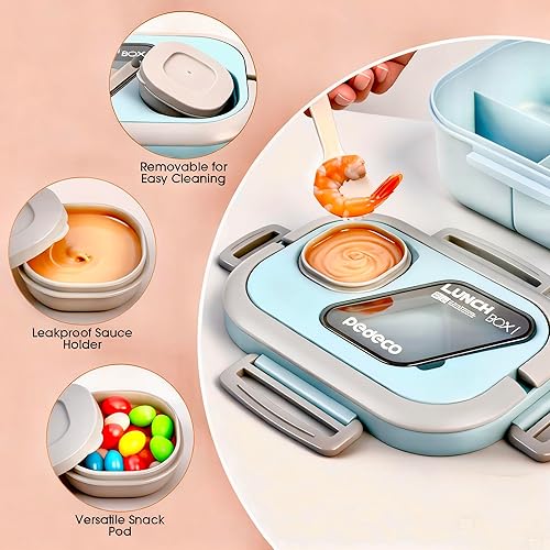 Miniatura 4 de Juego de recipientes de almuerzo Bento para adultos y niños con bolsa aislada, 3 compartimentos a prueba de fugas y contenedor apilable de 2 niveles