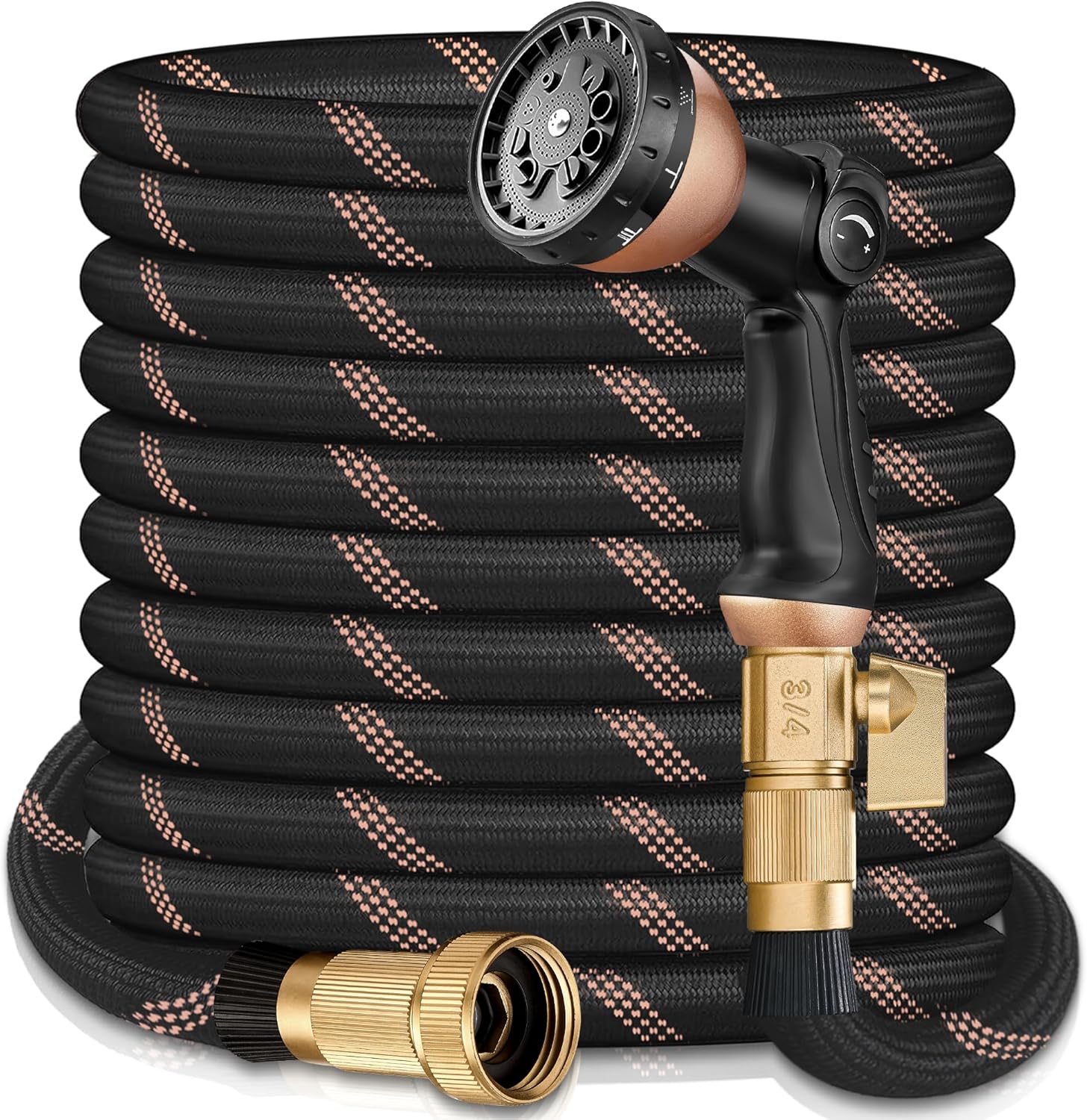 200FT Garden Hose w/10 Function Spray Nozzle, 2026 Ultra Lightweight Water Hoses, 3/4" Brass Connectors- Durable, Lightweight & Flexible Water Pipe for Outdoor & Gardening(Black Rose gold)