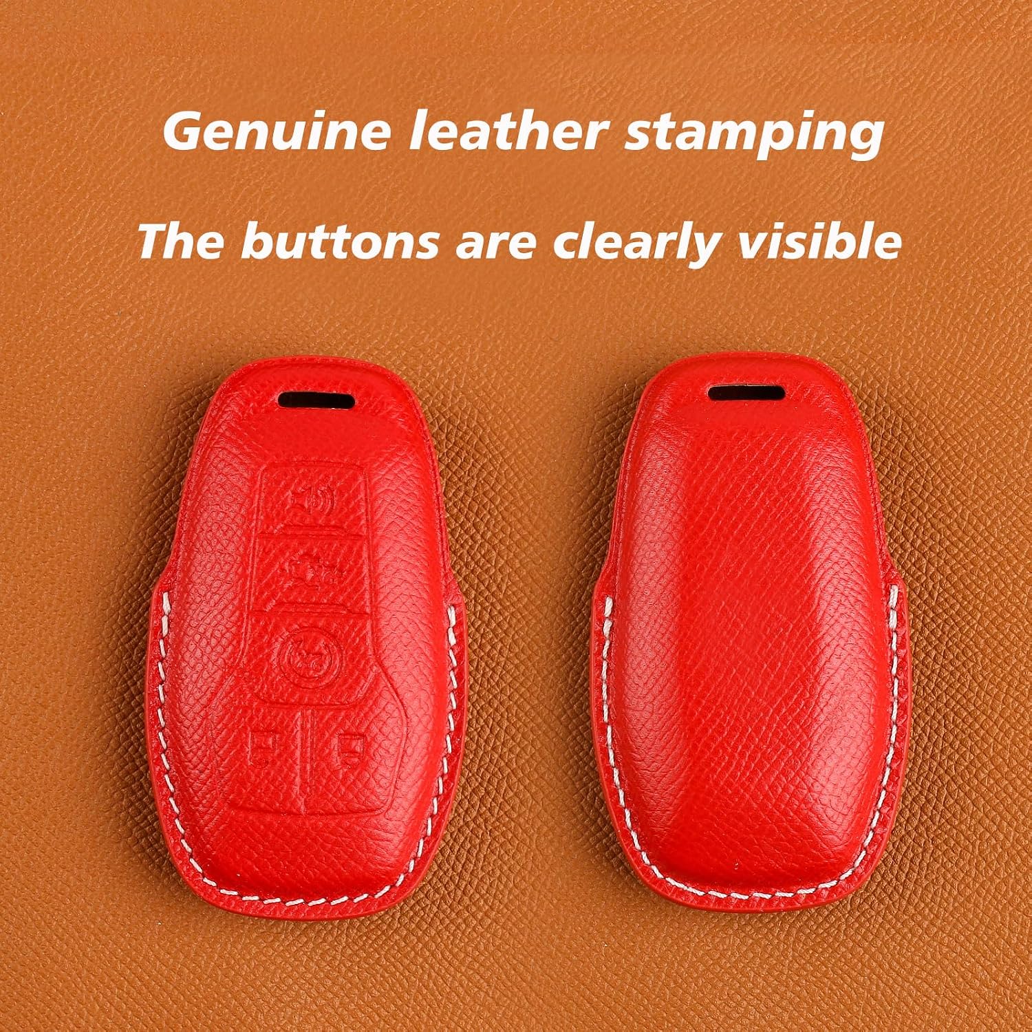 Leather Key Fob Cover with Keychain, Compatible with 2013-2016 Ford Fusion, 2015-2017 Ford Mustang, and F-150 Explorer Smart Key (Red)