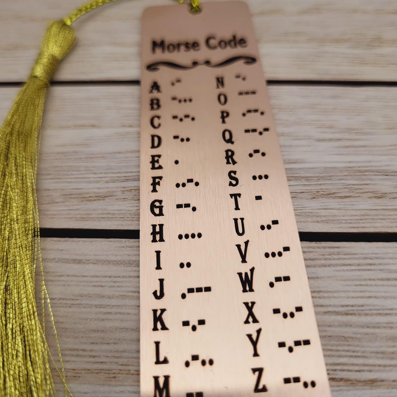 Morse Code alphabet Chart Metal Bookmarks. Decode dots and dashes of morsecode to a Message. Gift for Him Her. (Rose Gold)