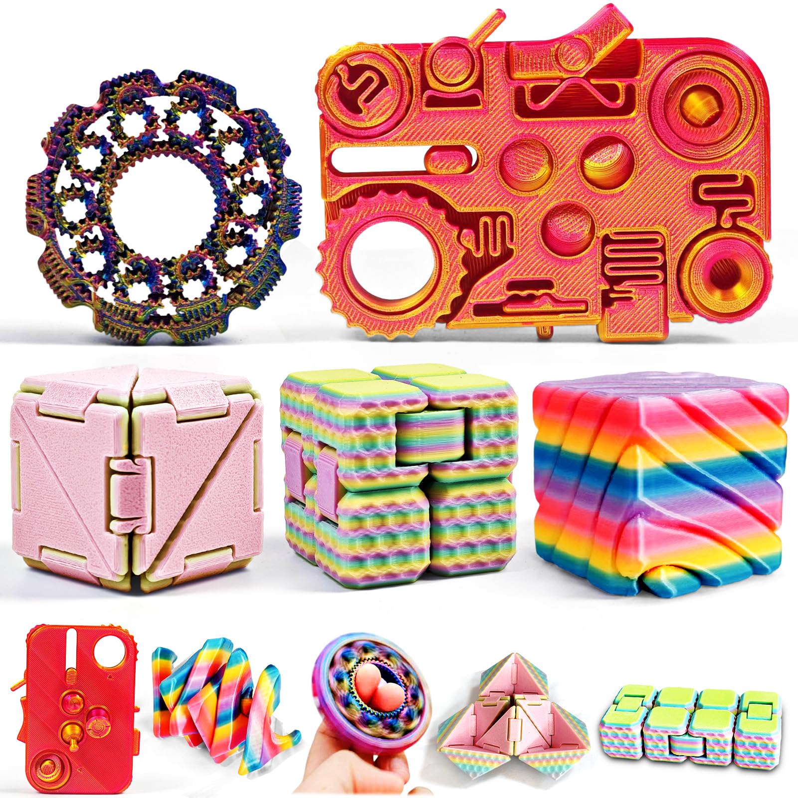 5 Pack 3D Printed Fidget Toys Set, Rainbow Spinner & 12-in-1 Infinity Cube, Desk Stress Relief Toys Sensory Focus Anxiety Gifts​ for Adults
