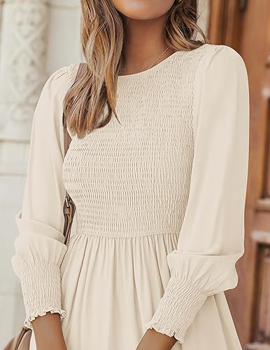 Miniatura 5 de ZESICA Vestido midi casual de manga larga con cuello redondo, cintura alta, fruncido, fluido y escalonado para mujer