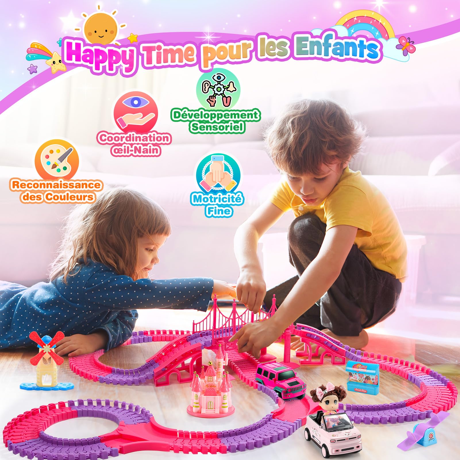 iKidiki Cadeau Fille 3 4 5 6 7 8 Ans, Circuit Voiture Enfant Jouet Fille 3-8 Ans Circuit Voiture Electrique Jeu Fille Train Electrique Enfant Cadeau Fille 3-8 Ans Anniversaire Cadeau Noël