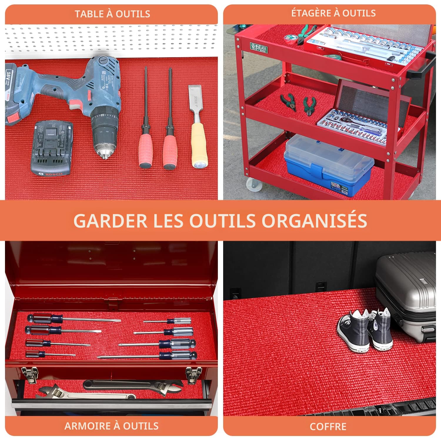 Tapis de tiroir en mousse pour boîte à outils 0,32 cm d'épaisseur x 40,6 cm de large x 4,88 m de long, rouge, antidérapant pour protéger armoire, garage, chariot, boîte à outils
