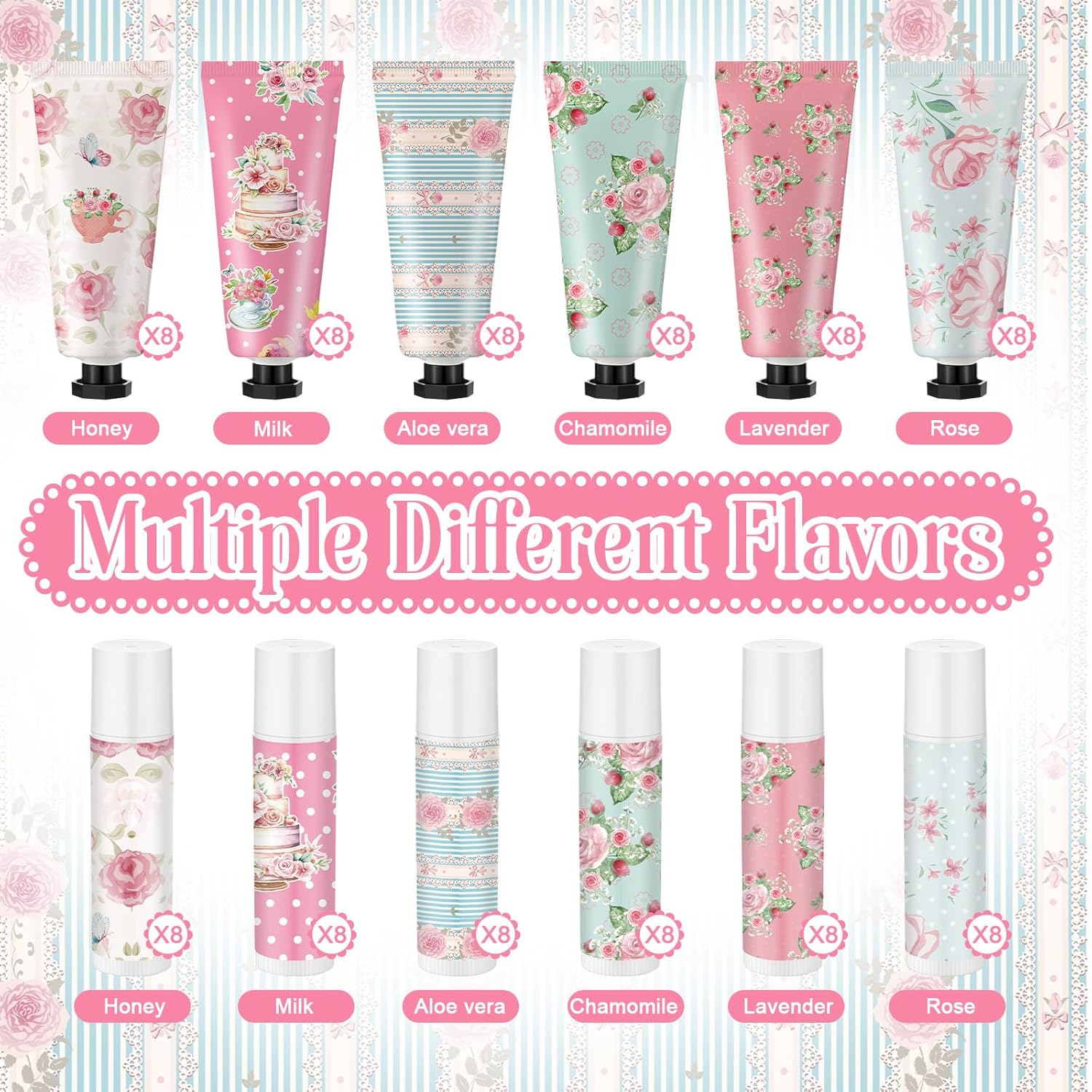 48 Sets Tea Party Favors Mini Hand Cream Lip Balm Bulk Gift Set for Women Travel Size Hand Lotion Vintage Floral Moisturizing Lip Balm Gifts for Mothers Day Teacher Wedding Baby Shower