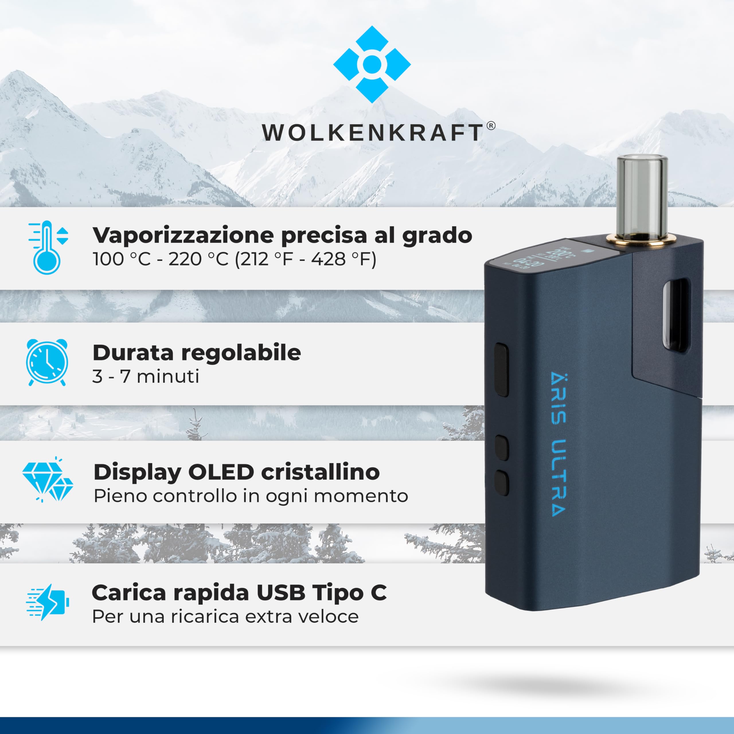 WOLKENKRAFT ÄRiS ULTRA Vaporizzatore Premium - USB-C | Camera in titanio | Temperatura 100-220°C | Durata di funzionamento regolabile | Convezione ECA * Blu notte*
