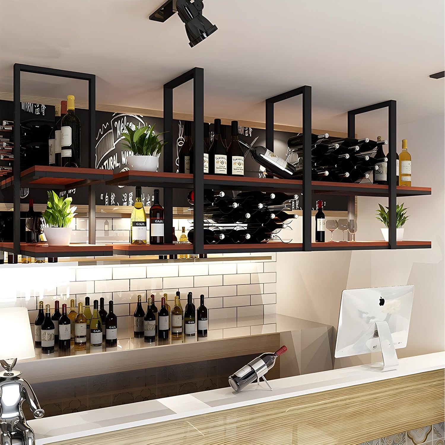 Ceiling Hanging Bar Unit Wine Rack, 2 Layer Metal Shelf for Wall with Solid Wood