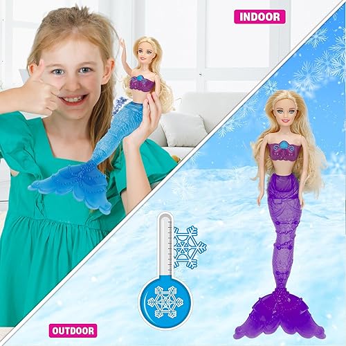 Miniatura 4 de BETTINA Juego de muñeca de princesa sirena, cola de sirena que cambia de color de temperatura, muñeca de vestir de 12 pulgadas y delfín rojo claro