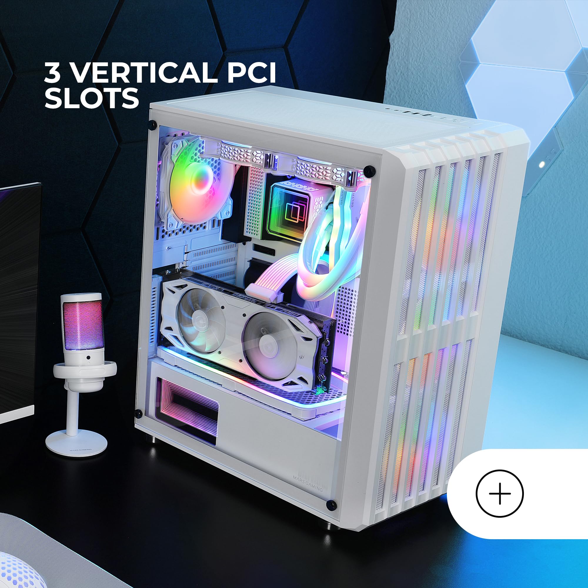 MARSGAMING MC-VAULT, Case Gaming ATX, 4x Ventole ARGB 120mm, Pannello Frontale Mesh con Design Verticale, Finestra Laterale Vetro Temperato, 3x Slot PCI Verticali, Semitorre PC Professionale, Bianco - Vista 5
