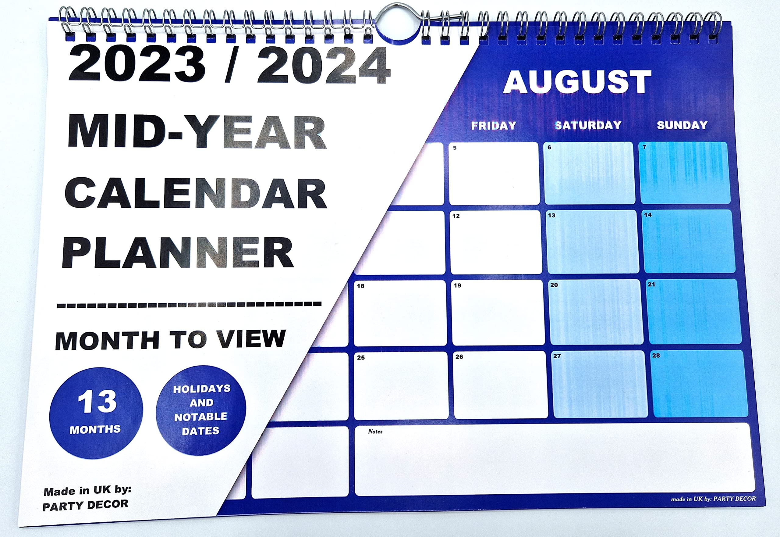 A4 Size Wire Bound Blue Mid Year Calendar 2023-2024, Month to View, Great for the Home Office, Classroom or Work Place