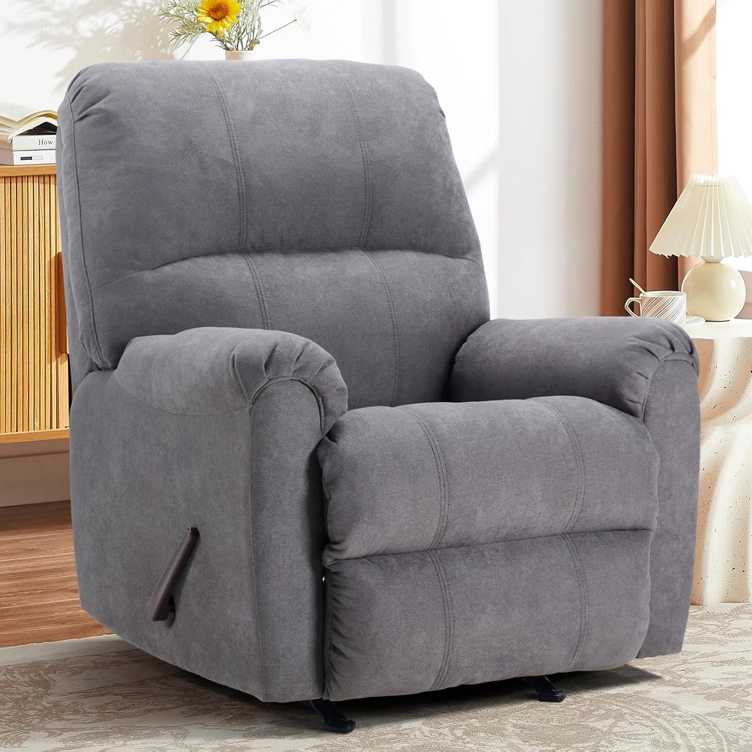 CANMOV Grey Manual Rocker Recliner Chair with Overstuffed Backrest & Arms - Soft Fabric Rocking Recliner for Adults Living Room