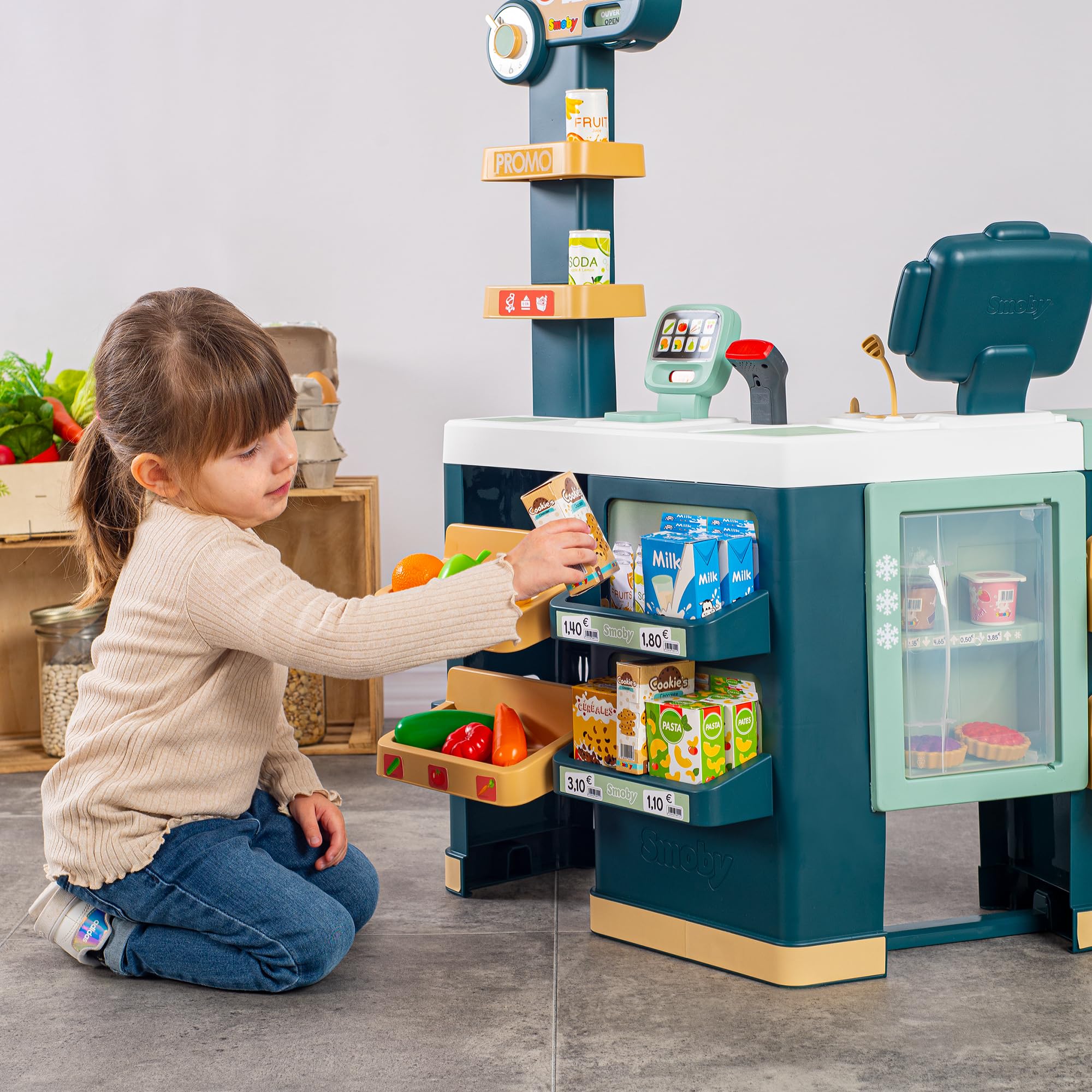 Smoby - Maxi Market - Supermarket dla dzieci - Wózek, półki, pudełka, warzywa, owoce - Strefa chłodnicza - Liczne akcesoria - Od 3 lat - Wyprodukowano we Francji