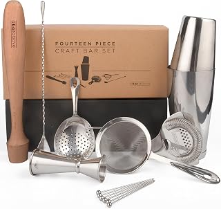 A Bar Above 14-Piece Silver Bar Set – Bar Accessories for The Home Bar Set - Bartender Kit w/Boston Shaker, Jigger, Muddler, Spoon, Strainers & Picks - Bartending Set