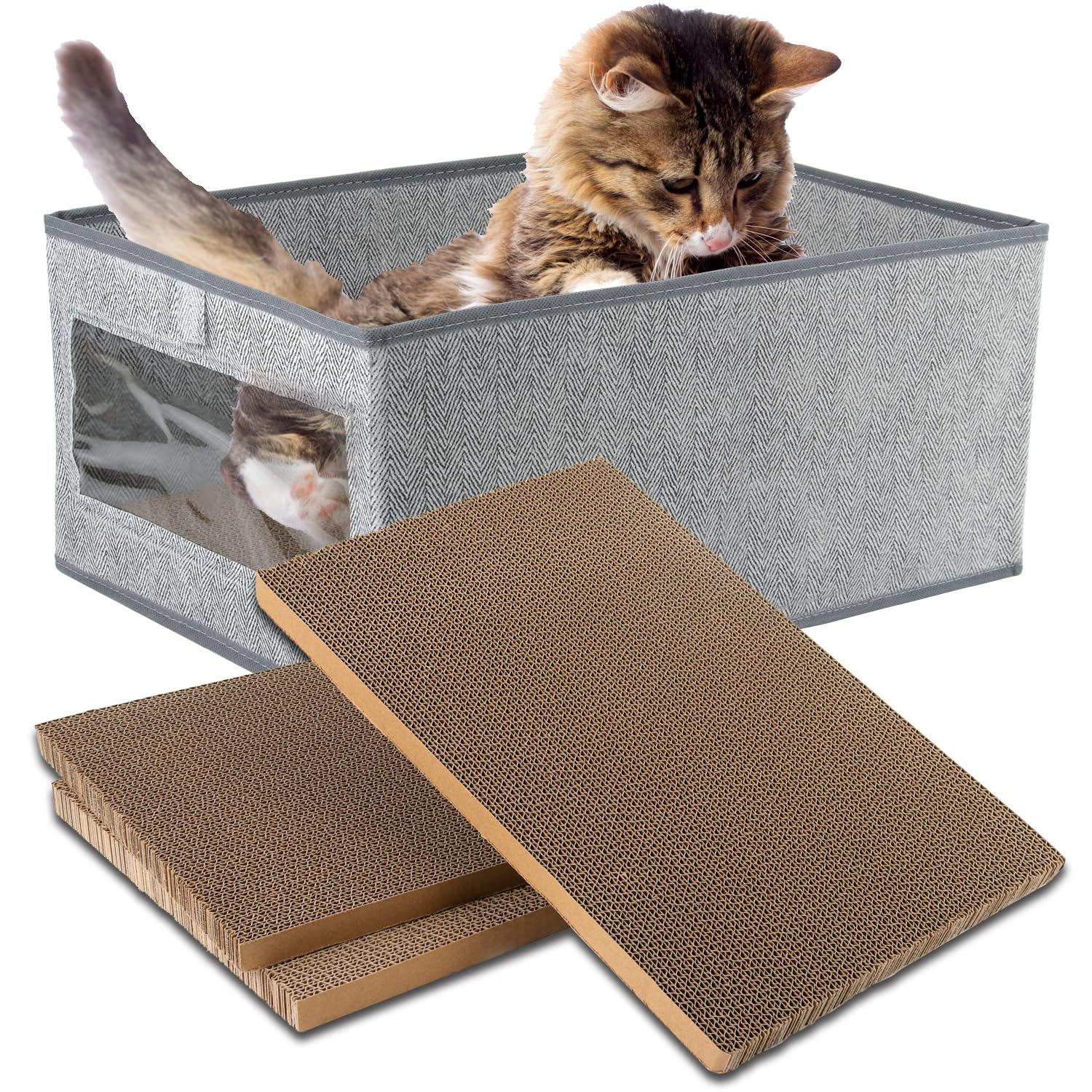 Kichwit Almohadillas rascadoras para gatos, 3 piezas de cartón rascador para gatos con una caja, tabla de rascar reversible para gatos (grande)