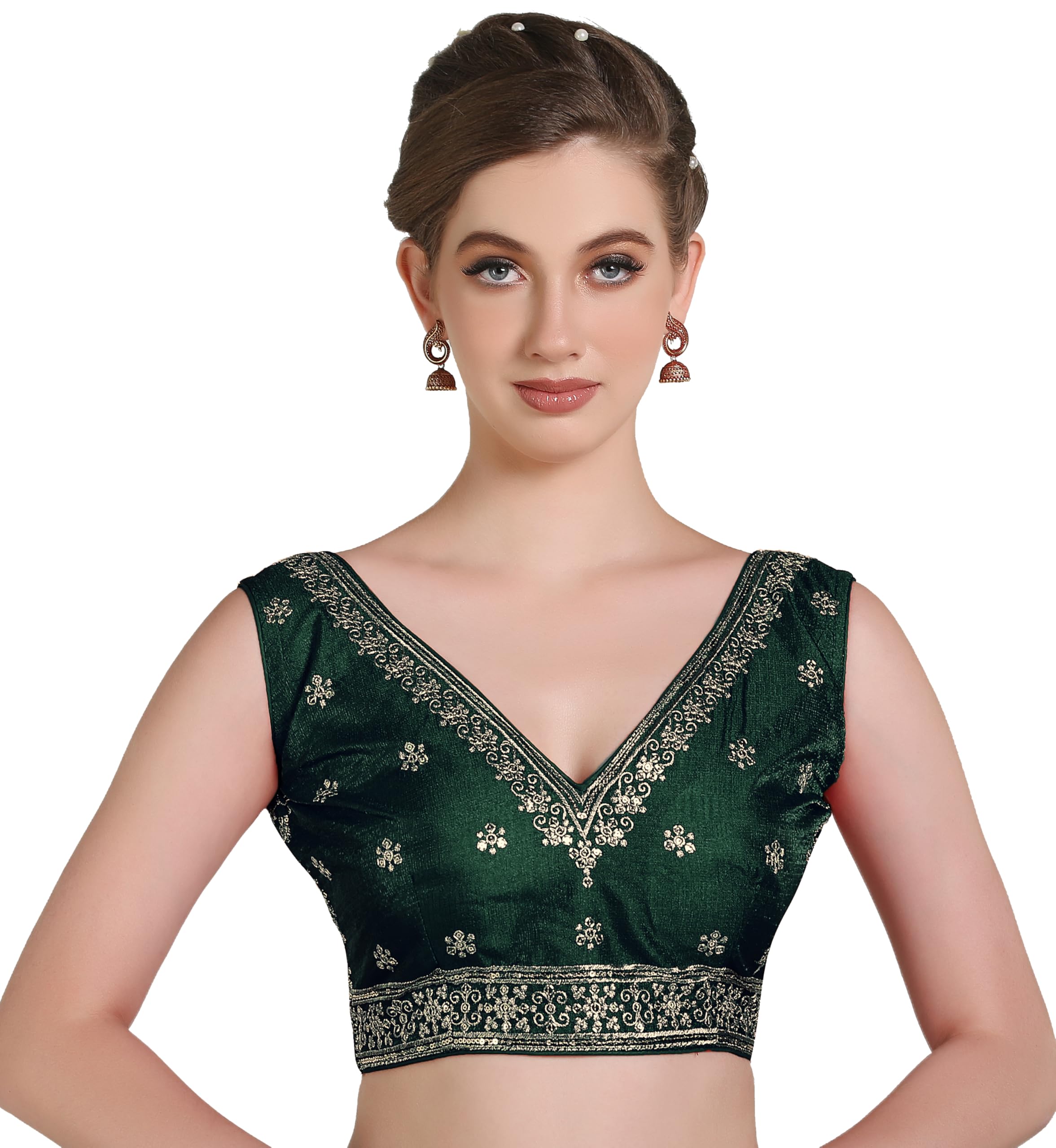 Pujia Mills Women's Indian Ethnic Wear Designer Golden Zari Embroidery Sequence Work V Neck Sleeveless Readymadeback Side Worked Saree Blouse Readymade Dark Green Blouse Lehenga Choli