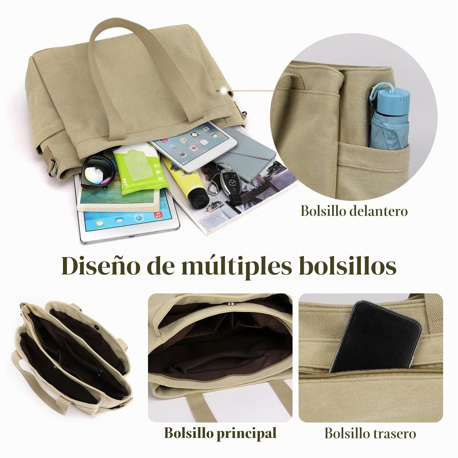 CORIOS Bolso de Hombro para Mujer Bolso Bandolera Lona Bolso de Mano Gran Capacidad Bolsa Shopper Casual Bolso Tote Multifuncional Bolsa de Ocio para Compras Viajes Citas Trabajo Caqui