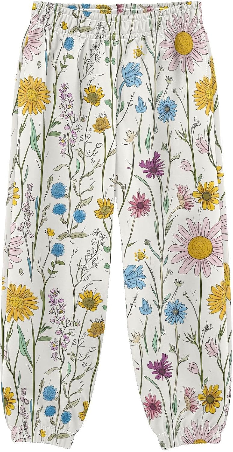 Boy Sweatpants Wildflowers Colored Floral Joggers Casual Athletic Pants Kids Elastic Waist Cuffed with Pockets