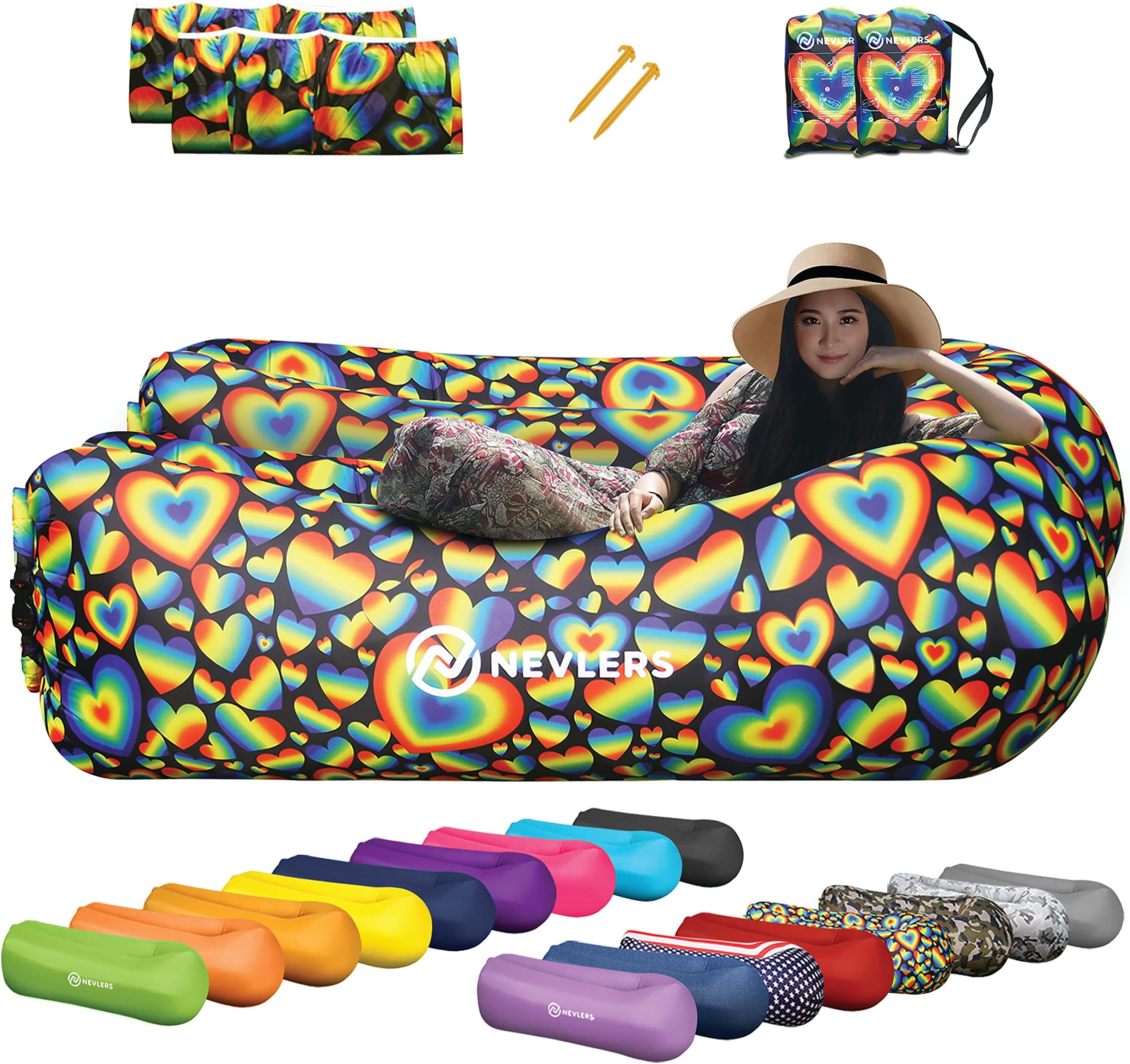 Nevlers 2 Pack Inflatable Loungers Air Sofa Couch | Perfect for Beach Chair Camping Chairs or Portable Hammock |Travel Bag Pouch, Pegs & 3 Pockets| Movie Seating & Camping Accessories Blow Up Lounger
