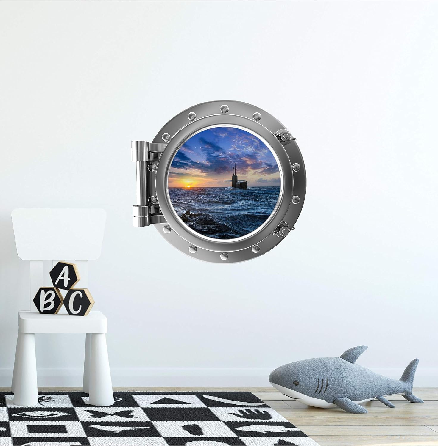 Port Scape Instant Sea Window View Submarine 4 Sunset Silver Porthole Wall Decal Removable Fabric Vinyl Wall Sticker Nautical Wall Art Decor 18 inch