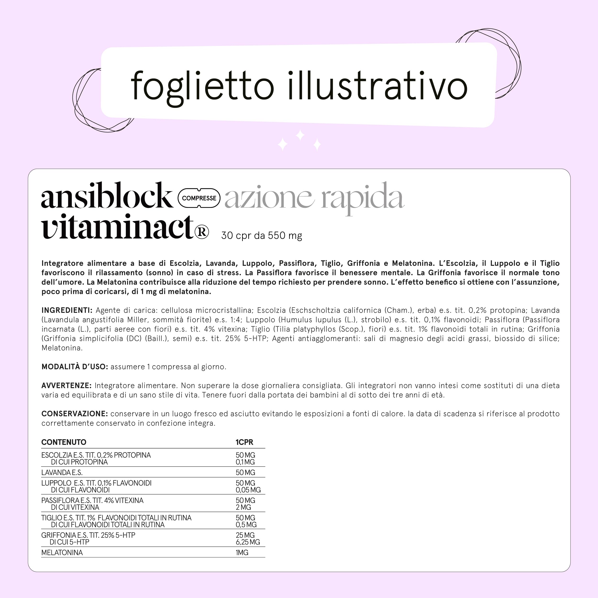 Integratore Ansia 100% Naturale | Ansiblock Azione Rapida | Potenziato con Passiflora Griffonia Melatonina Escolzia per Benessere Mentale | Super Rilassante | Blocca l’Ansia e Stress in Totale Relax