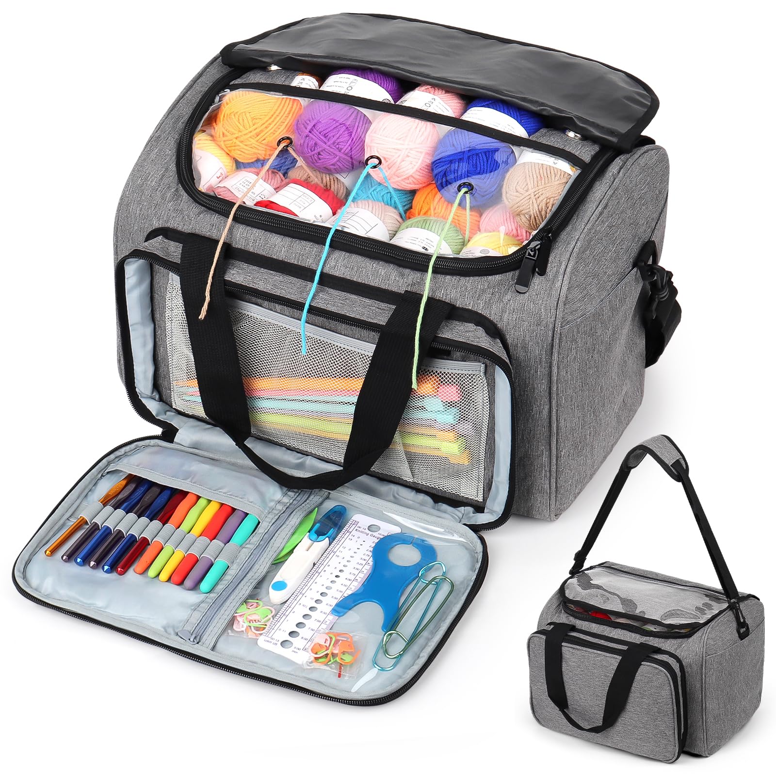 Katech Sac à Tricoter, Sac de Rangement pour Laine Fils Textiles, Sac Portable de Grande Capacité pour Accessoires de Crochet Tricot, Trousse de Aiguille à Crochet, Accessoires Non Inclus, Gris