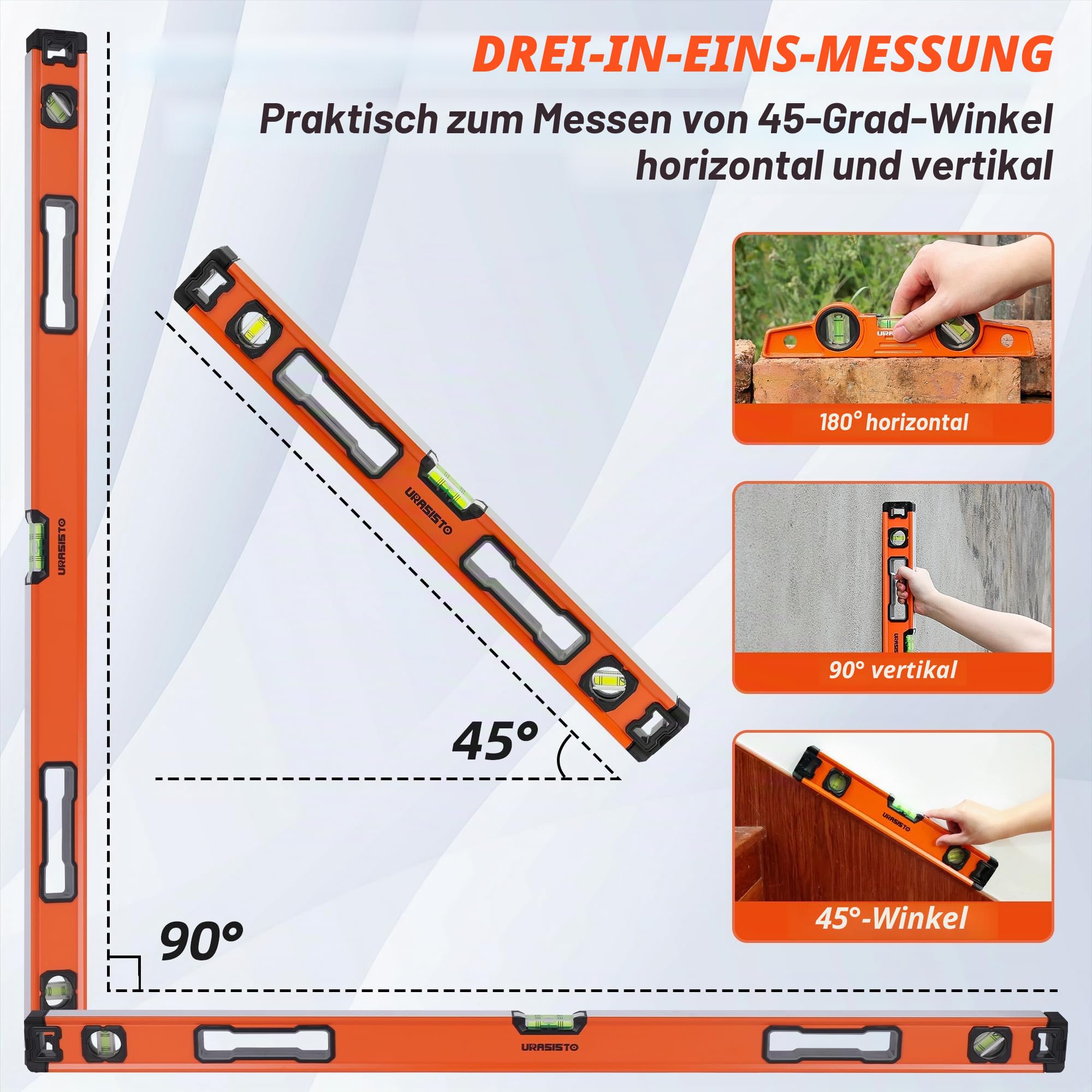 URASISTO 5-teiliges Wasserwaagen-Set, 25cm, 40cm, 60cm, 80cm, 120cm Nivellierset mit magnetischem Torpedoniveau, 45°/90°/180° Blasenmessung, Aluminiumlegierungs-Niveaus mit Tragetasche
