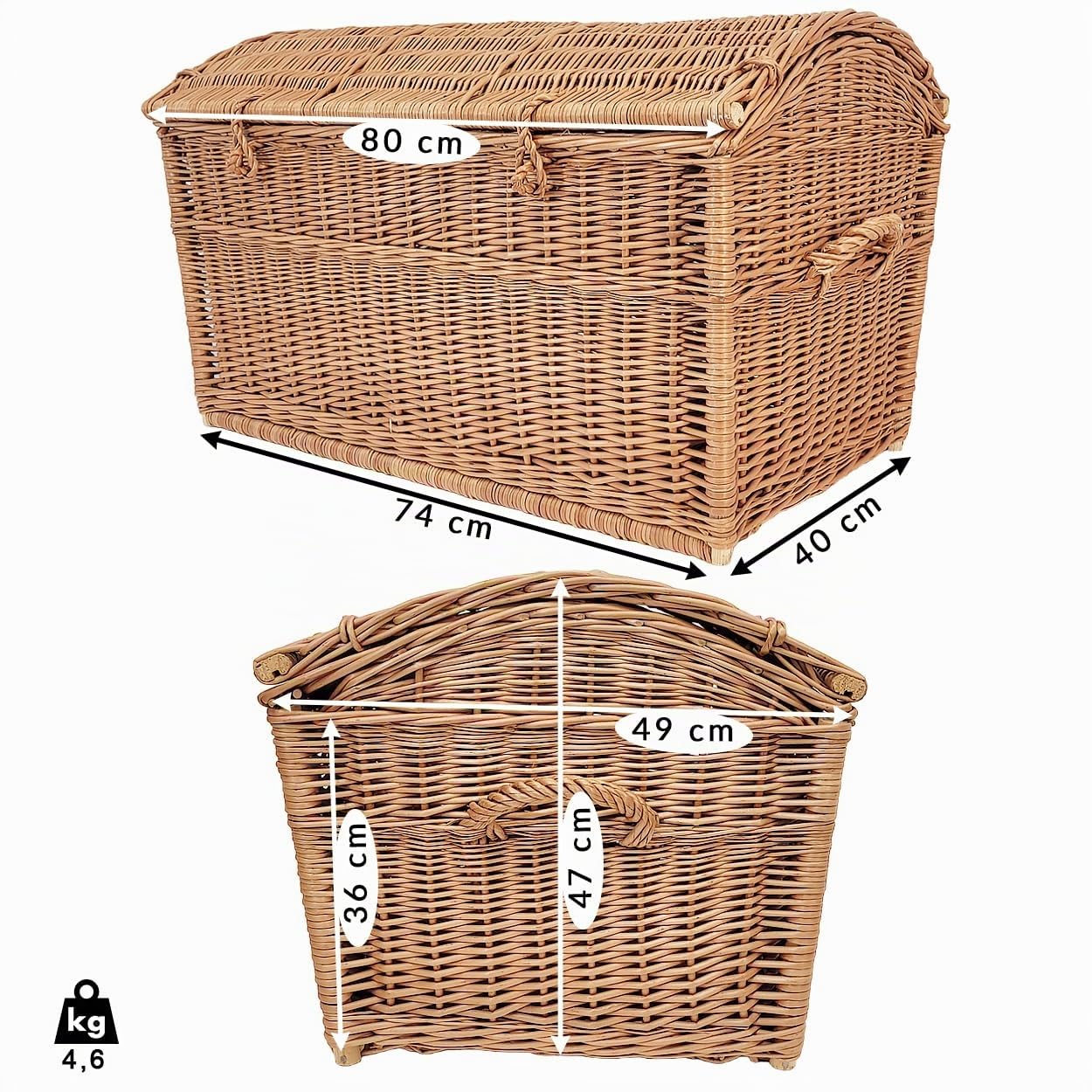 weeco Coffre en osier naturel 80 cm avec couvercle bombé, poignées latérales, fait main, rangement pour jouets, linge ou couvertures