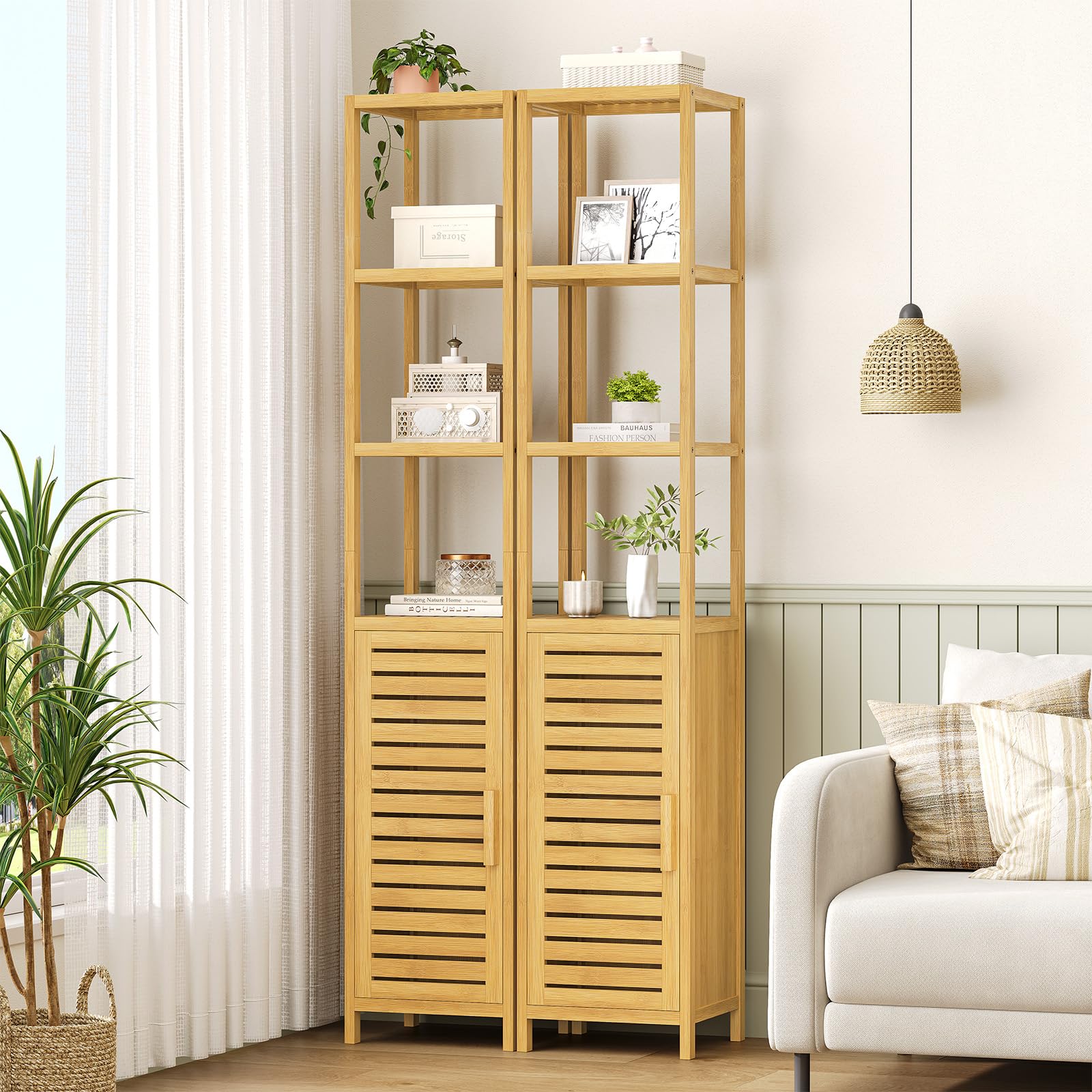 VIAGDO Hochschrank, Badezimmerschrank Bambus, Badschrank hoch mit 3 offene Fächern und Schrank, hoher Beistellschrank, Aufbewahrungsschrank, für Badezimmer, Flur, Küche, Wohnzimmer