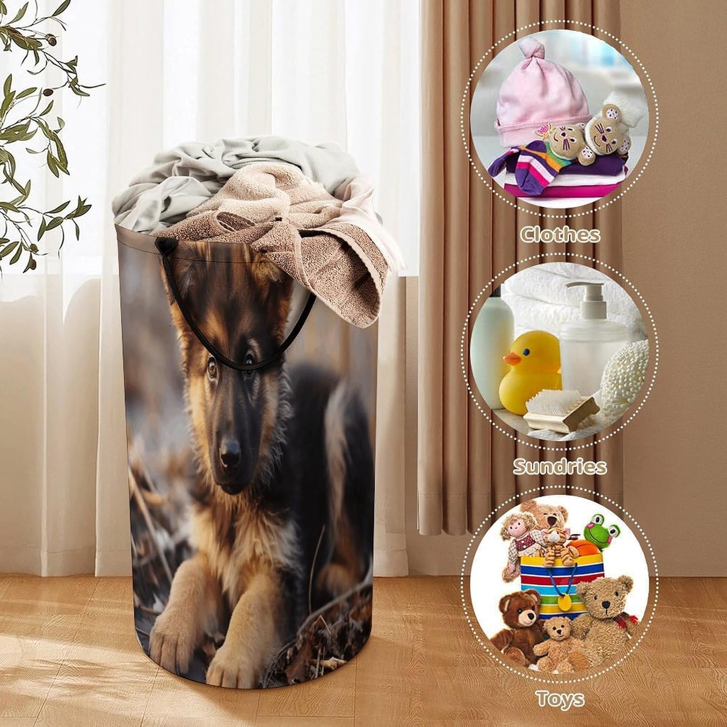 German Shepherd Puppy Laundry Hamper Large Collapsible Laundry Baskets Clothes Storage Basket with Both Sides Handles Narrow Waterproof Clothes Hampers for Bedroom Travel