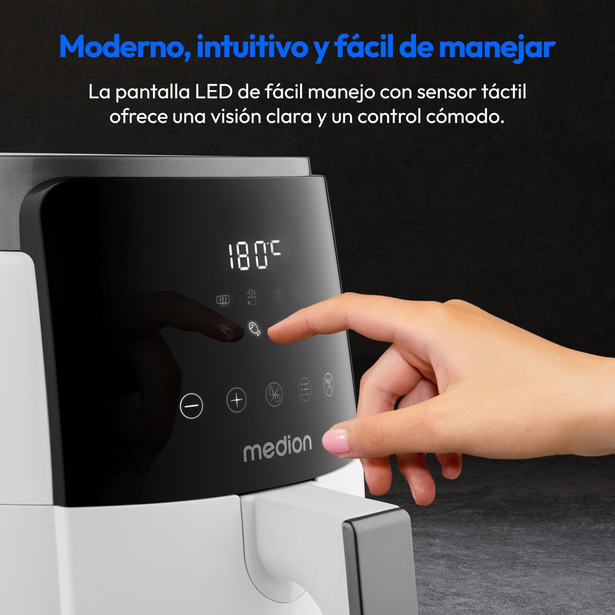 MEDION Freidora de aire caliente P40 L (4,7 litros, 1500 vatios, fácil manejo, freír sin aceite, temporizador de 60 minutos, hasta 200° C, revestimiento antiadherente, MD13030) blanco